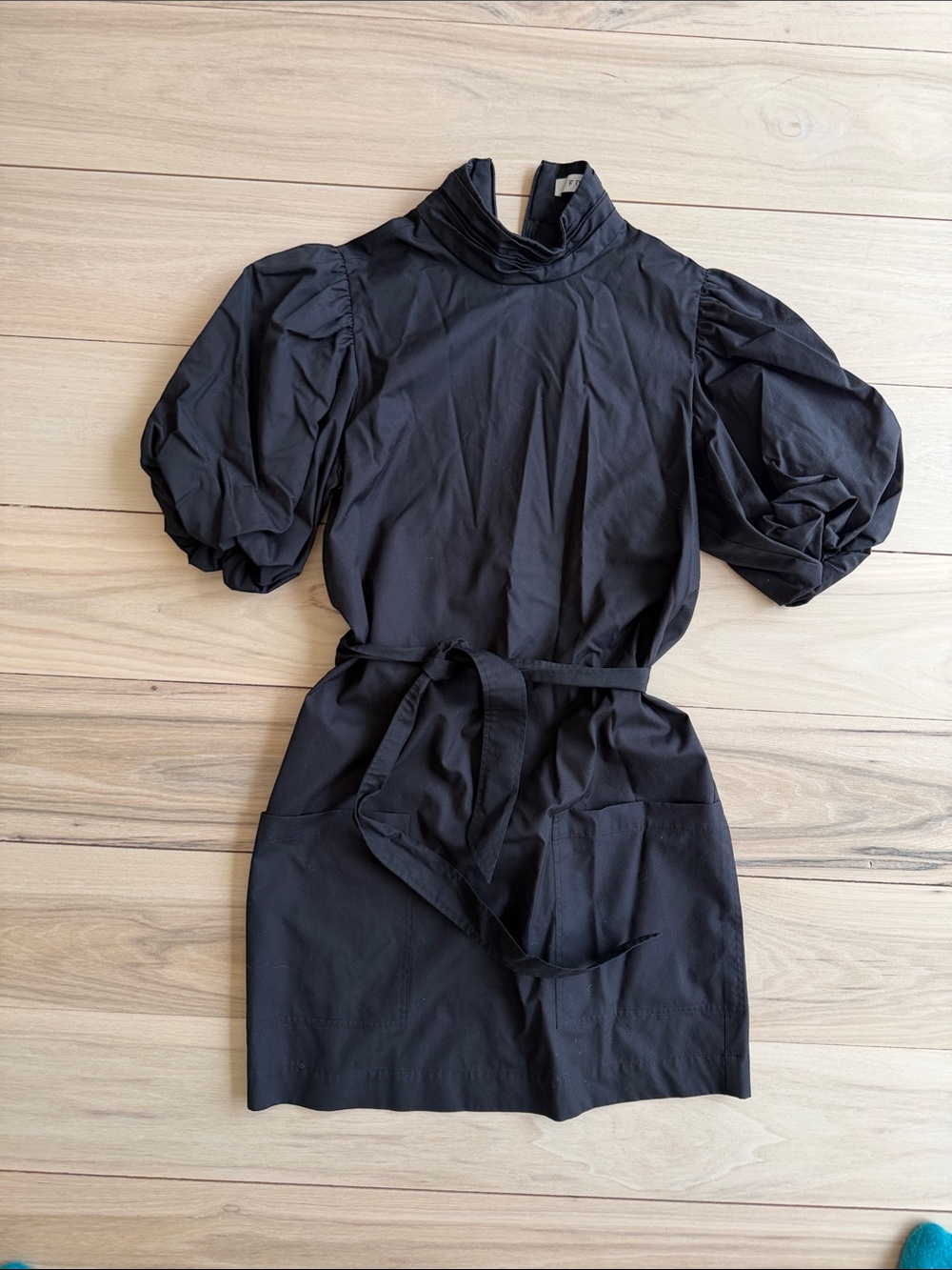 Women’s Cotton Black Puff-Sleeve Belted Mini Dress